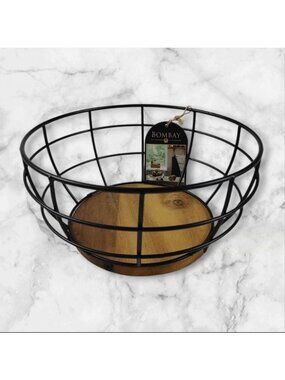 Bombay Company Acacia Wood Wire Fruit Basket 4.92" x 10"